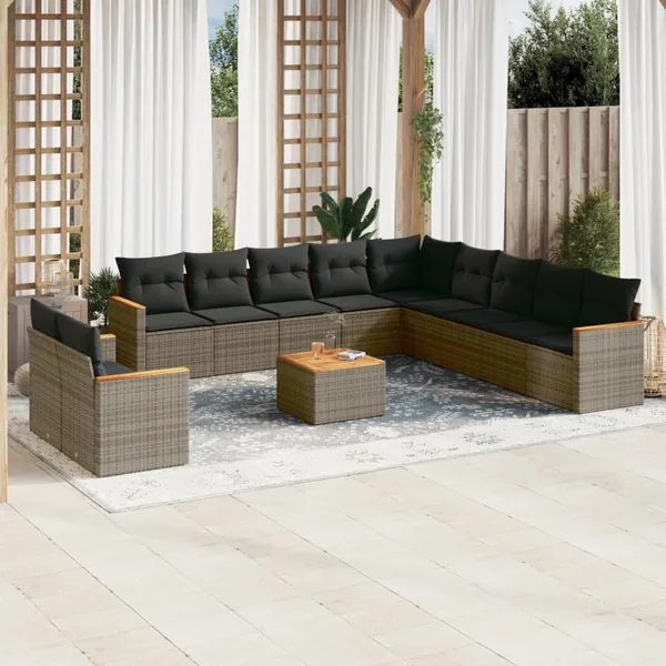 Salon de jardin avec coussins 12 pcs gris résine tressée