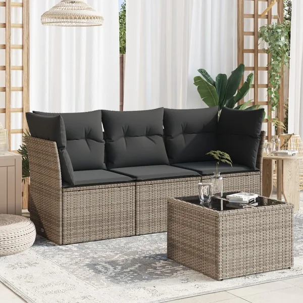 Salon de jardin 4 pcs avec coussins gris résine tressée