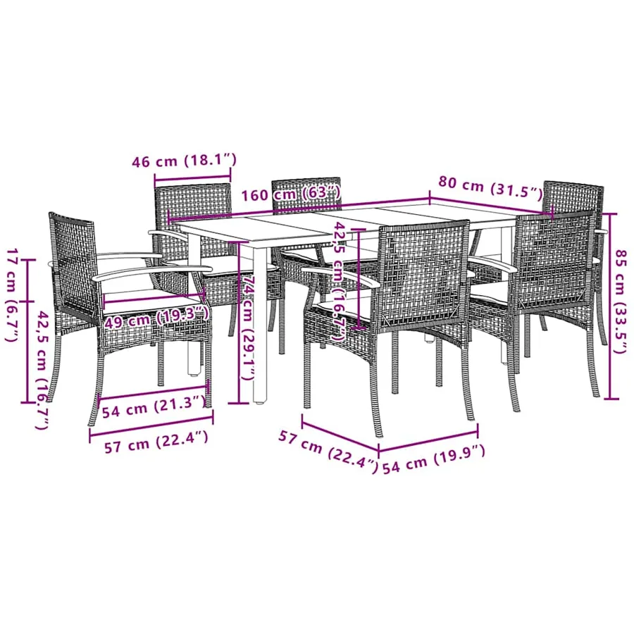 Ensemble à manger de jardin coussins 7pcs Noir Résine tressée - 7