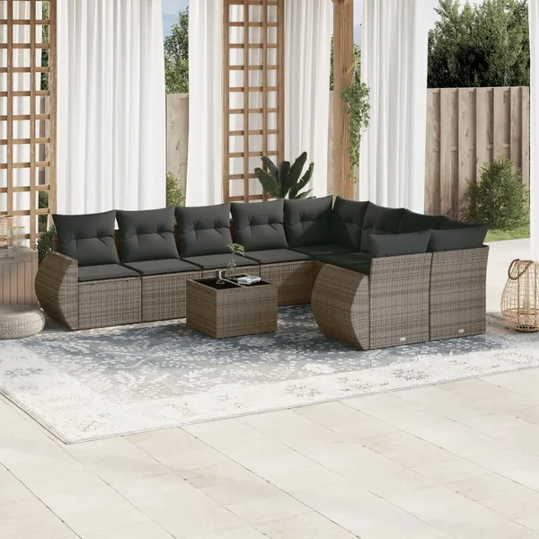 Salon de jardin avec coussins 10 pcs gris résine tressée