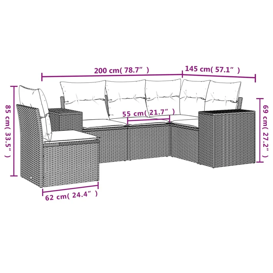 Salon de jardin 5 pcs avec coussins gris résine tressée - 3