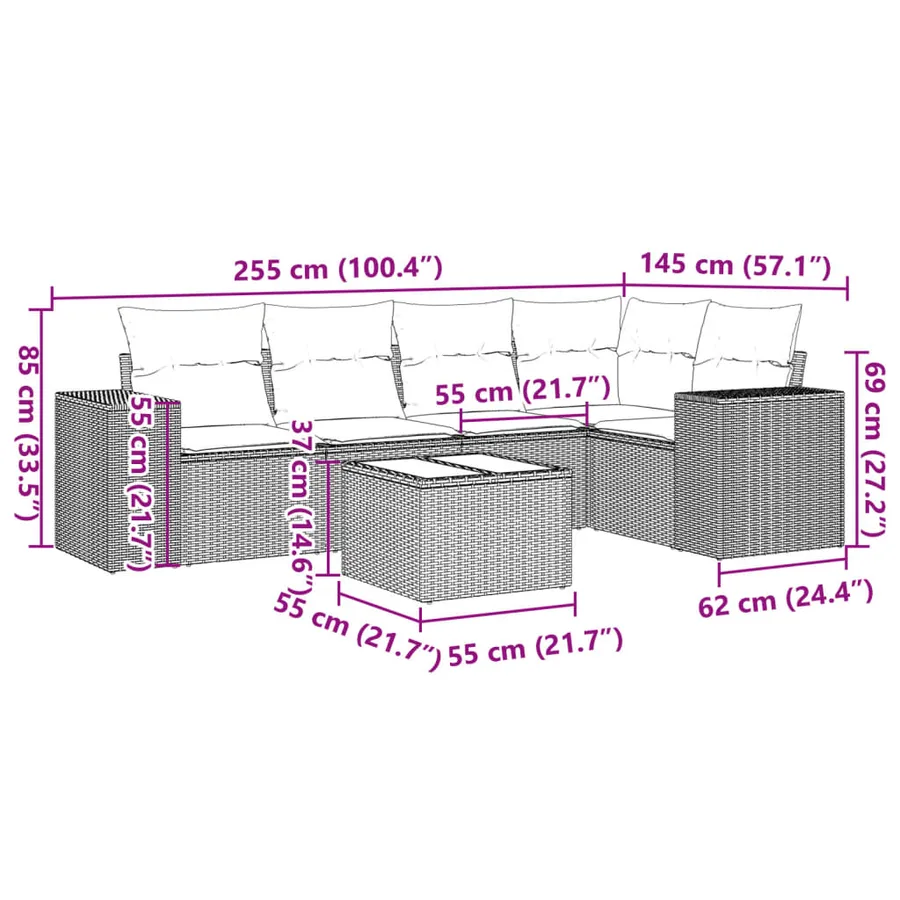 Salon de jardin 6 pcs avec coussins gris résine tressée - 3