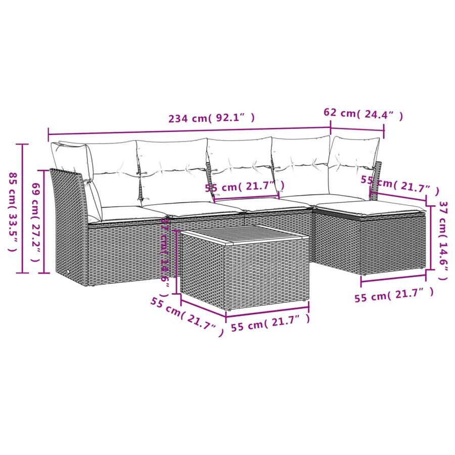 Salon de jardin 6 pcs avec coussins gris résine tressée - 7