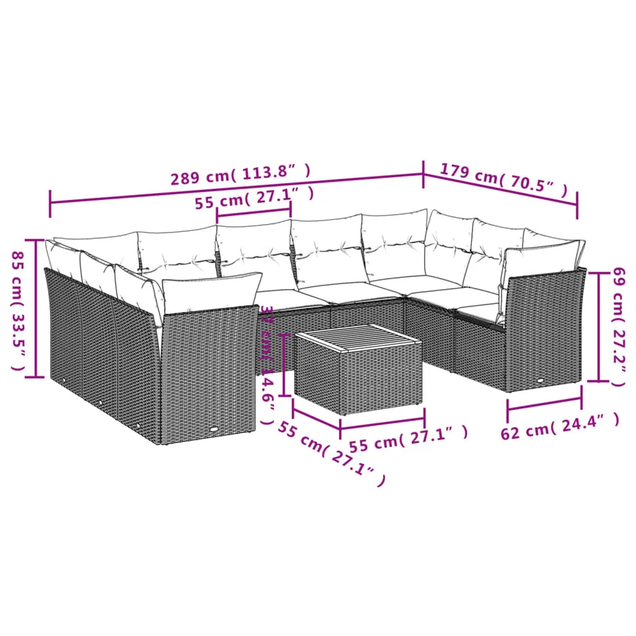 Salon de jardin avec coussins 10 pcs gris résine tressée - 10