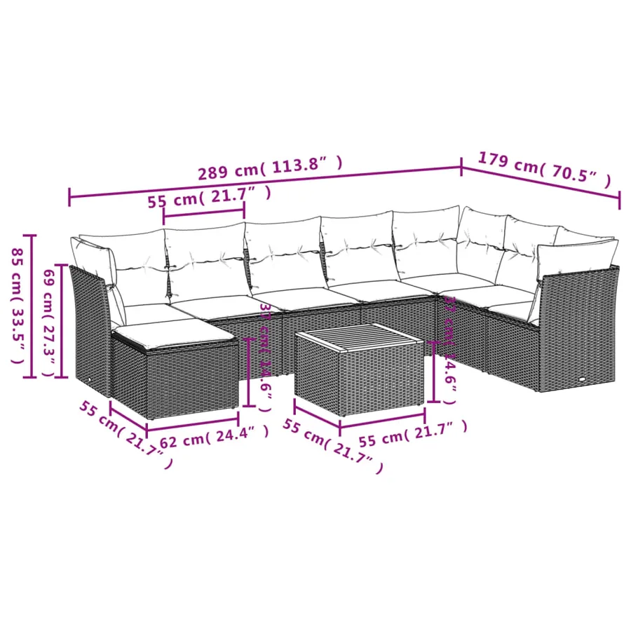 Salon de jardin 9 pcs avec coussins gris résine tressée - 11