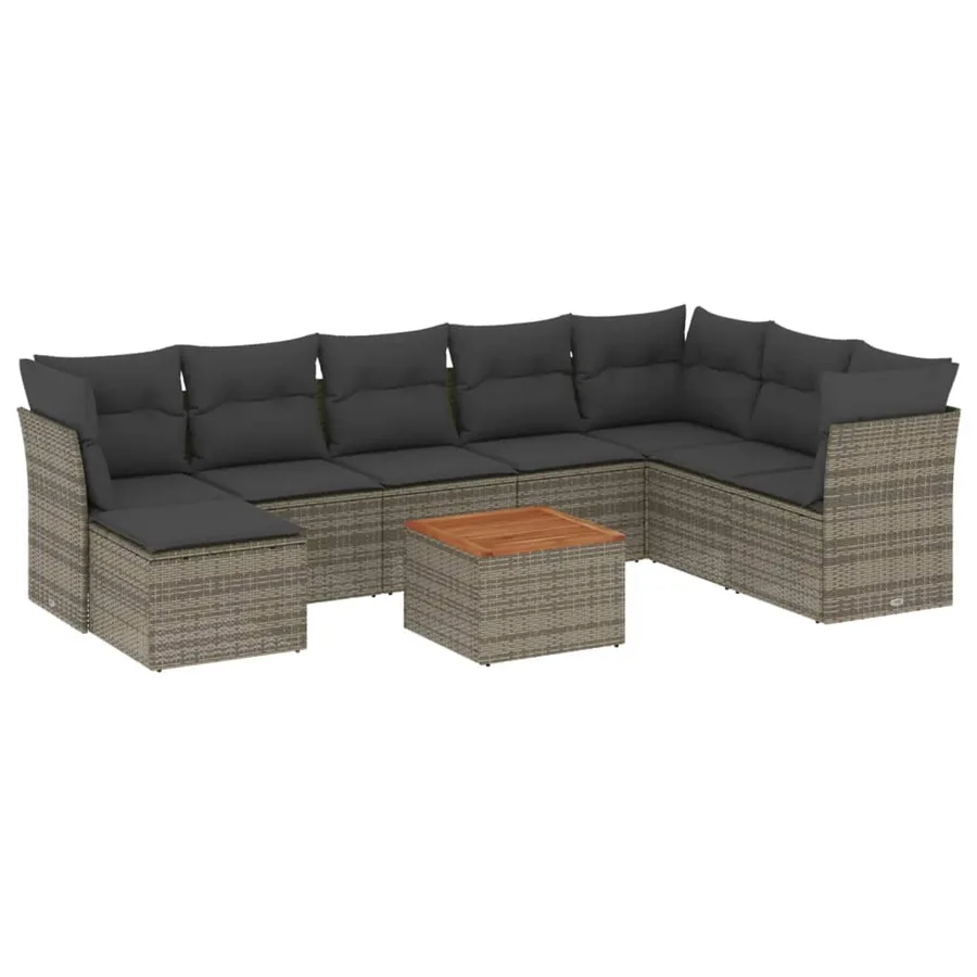 Salon de jardin 9 pcs avec coussins gris résine tressée - 2