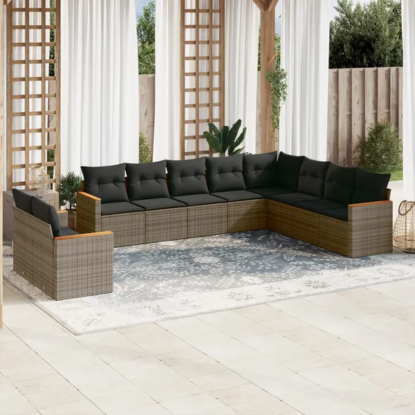 Salon de jardin avec coussins 10 pcs gris résine tressée