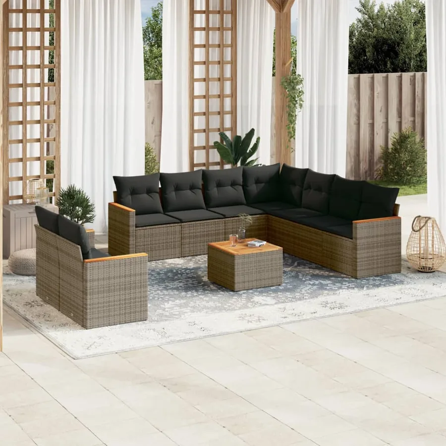 Salon de jardin avec coussins 10 pcs gris résine tressée
