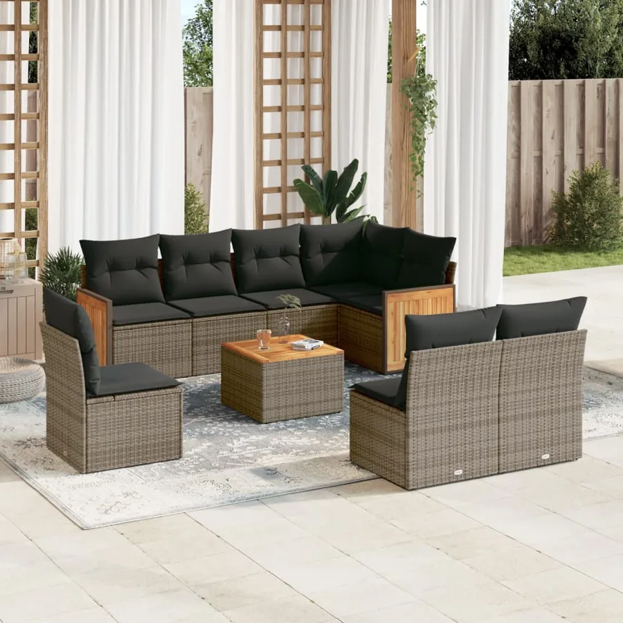 Salon de jardin 9 pcs avec coussins gris résine tressée