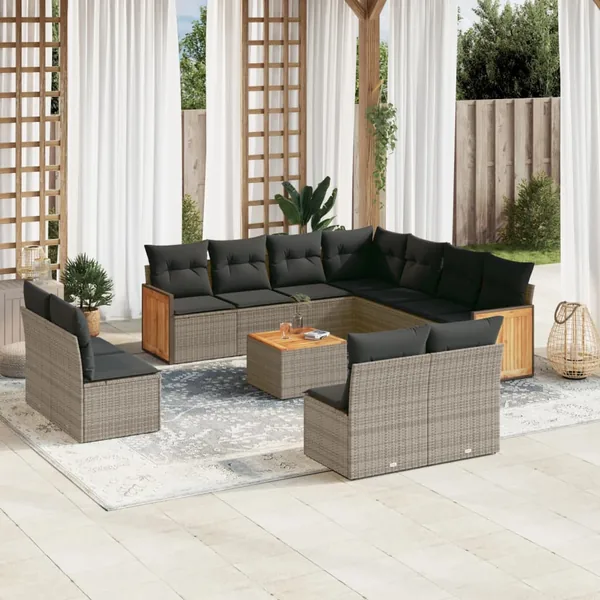 Salon de jardin avec coussins 12 pcs gris résine tressée
