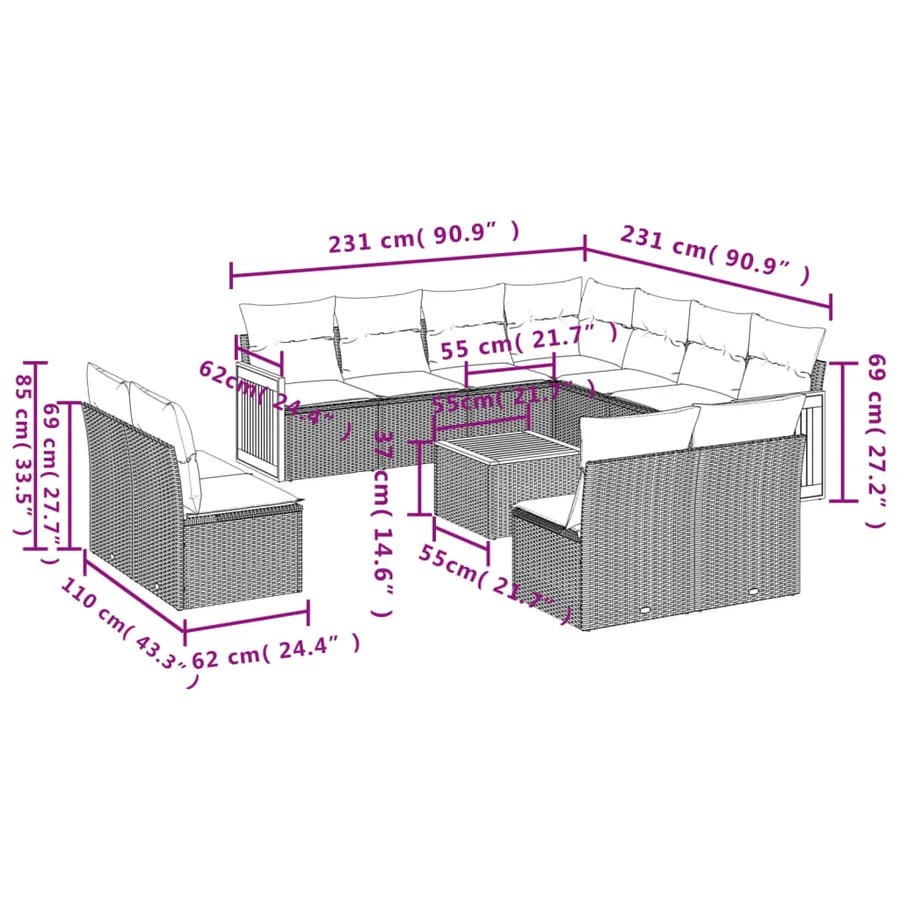 Salon de jardin avec coussins 12 pcs gris résine tressée - 3