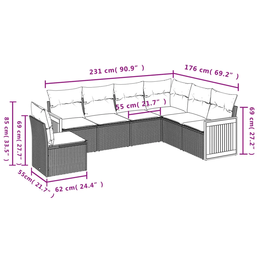Salon de jardin 6 pcs avec coussins gris résine tressée - 3
