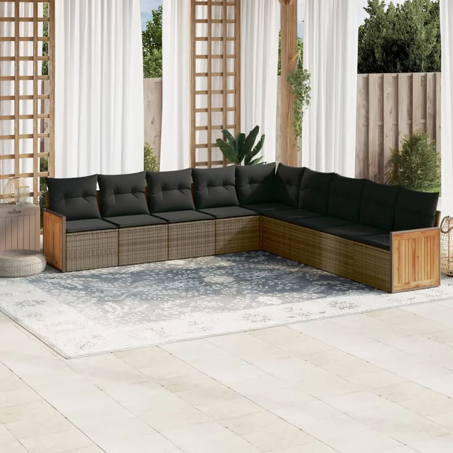 Salon de jardin 9 pcs avec coussins gris résine tressée