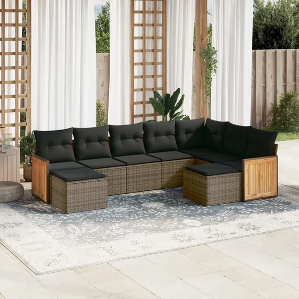 Salon de jardin 9 pcs avec coussins gris résine tressée