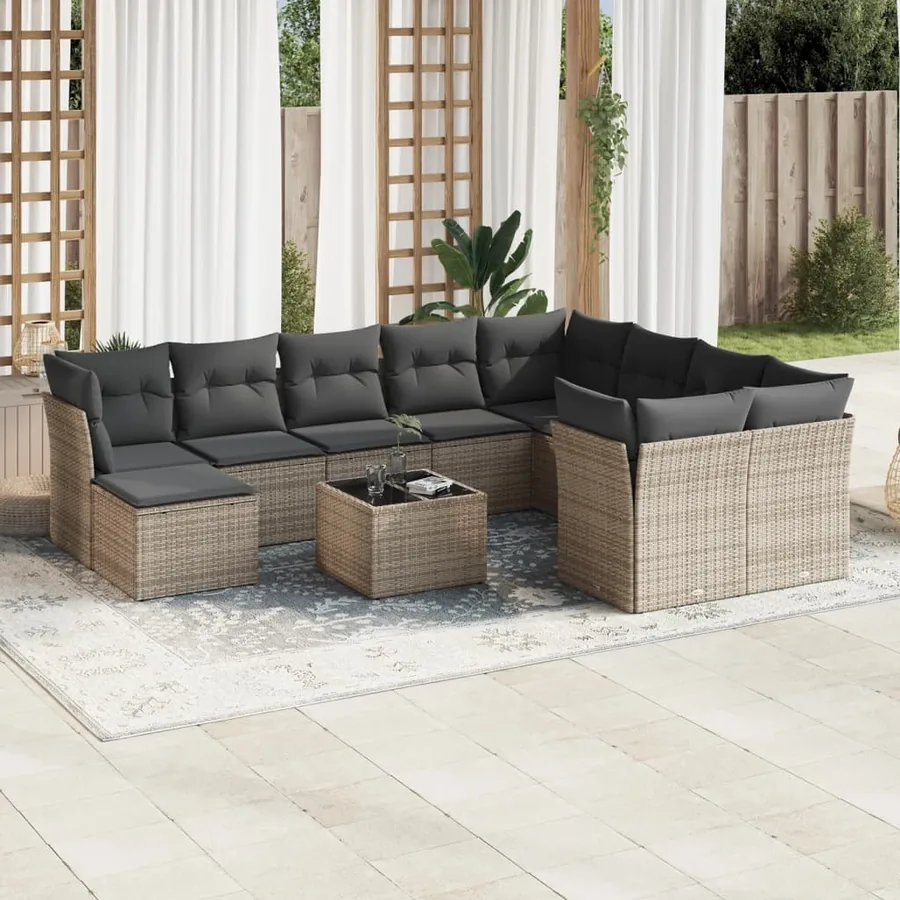 Salon de jardin 11 pcs avec coussins gris résine tressée
