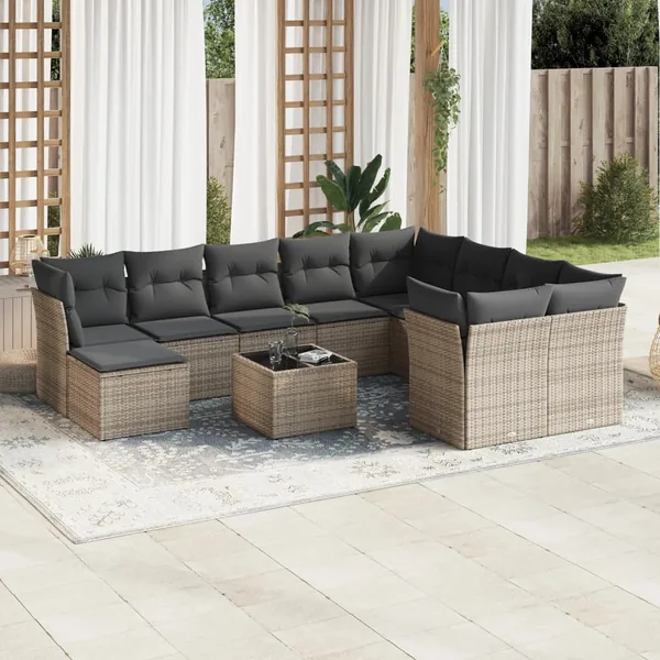 Salon de jardin 11 pcs avec coussins gris résine tressée
