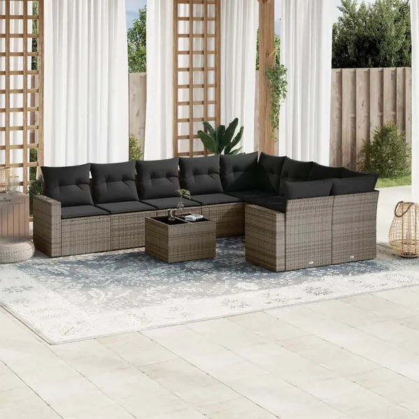 Salon de jardin avec coussins 10 pcs gris résine tressée