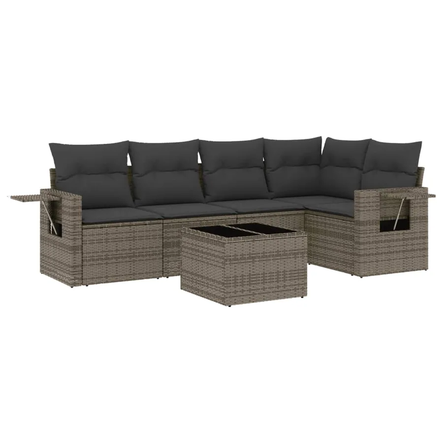 Salon de jardin 6 pcs avec coussins gris résine tressée - 2