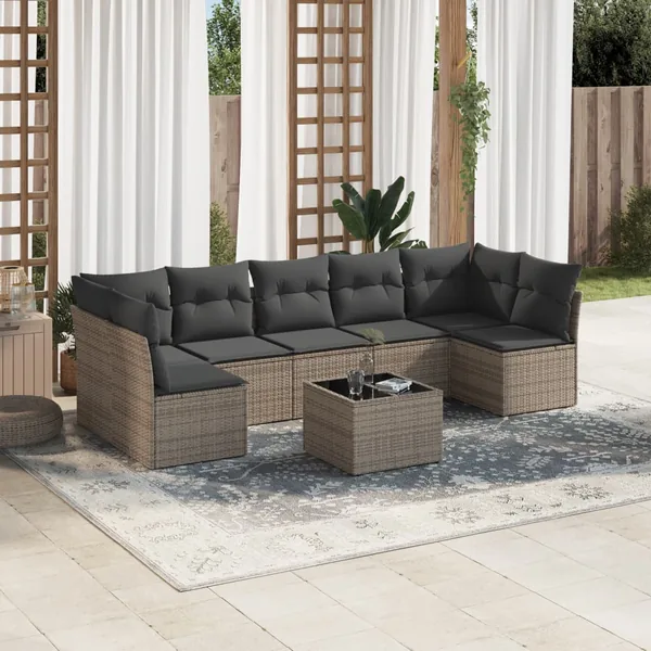 Salon de jardin 8 pcs avec coussins gris résine tressée