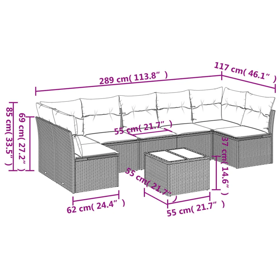 Salon de jardin 8 pcs avec coussins gris résine tressée - 3