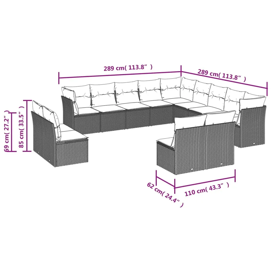 Salon de jardin avec coussins 13 pcs gris résine tressée - 3