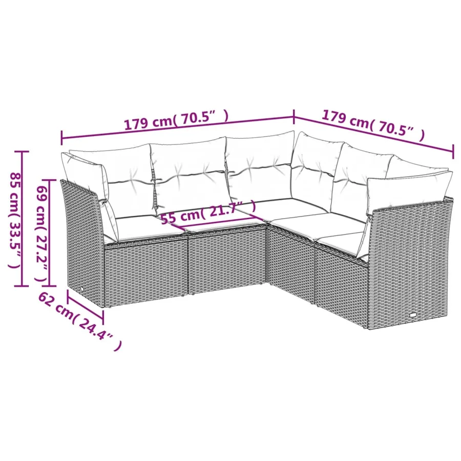 Salon de jardin 5 pcs avec coussins gris résine tressée - 3