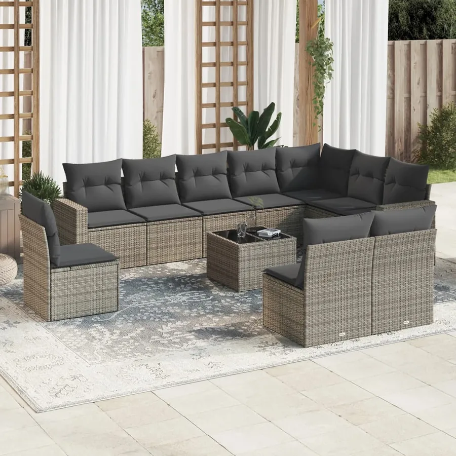 Salon de jardin 11 pcs avec coussins gris résine tressée