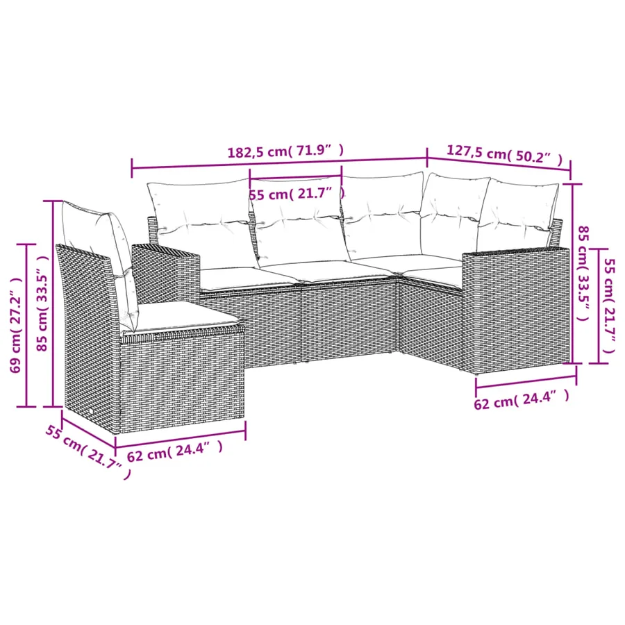Salon de jardin 5 pcs avec coussins gris résine tressée - 3