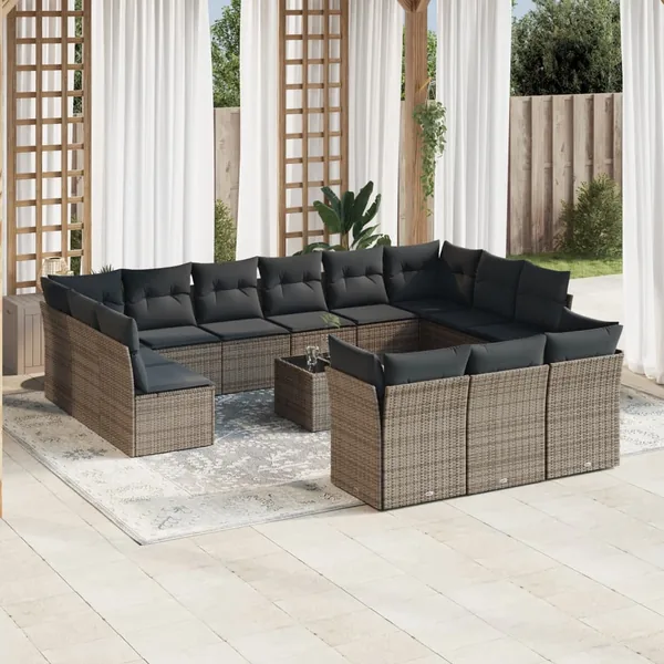 Salon de jardin avec coussins 14 pcs gris résine tressée