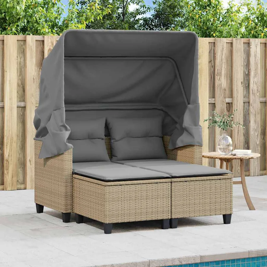 Canapé de jardin 2 places avec auvent et tabourets beige rotin - 3