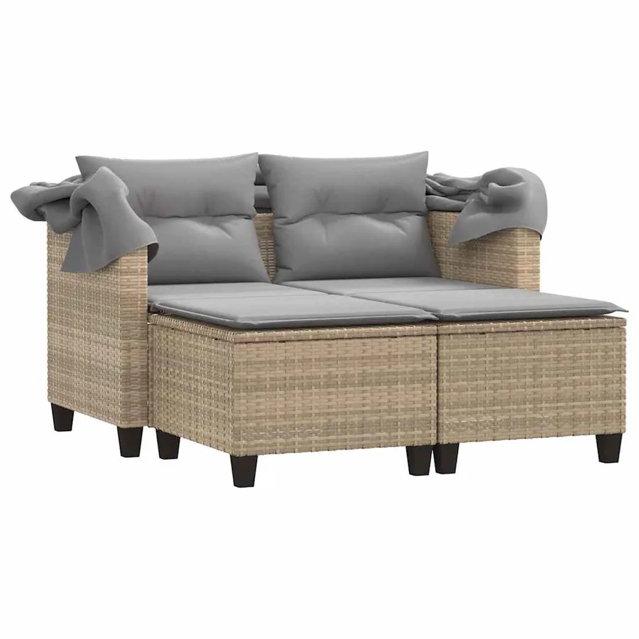 Canapé de jardin 2 places avec auvent et tabourets beige rotin - 4