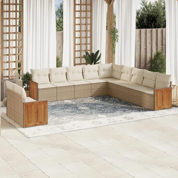 Salon de jardin 11 pcs avec coussins beige résine tressée