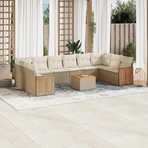 Salon de jardin 11 pcs avec coussins beige résine tressée