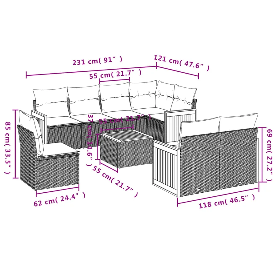 Salon de jardin avec coussins 9 pcs beige résine tressée - 3