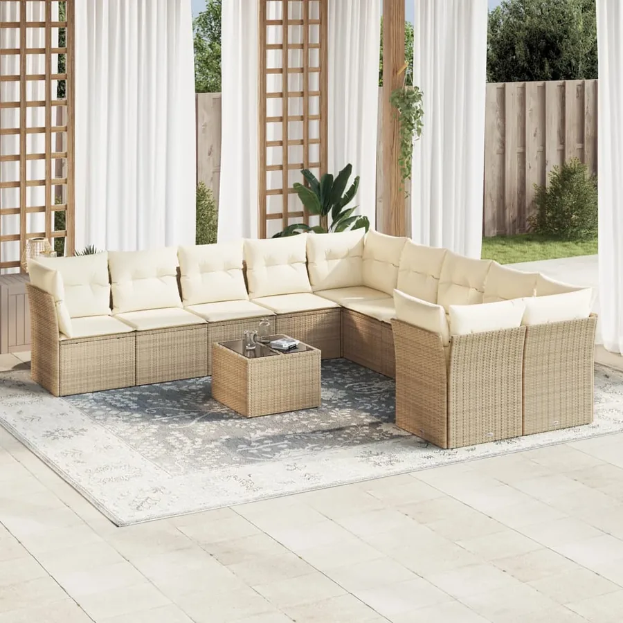 Salon de jardin 11 pcs avec coussins beige résine tressée
