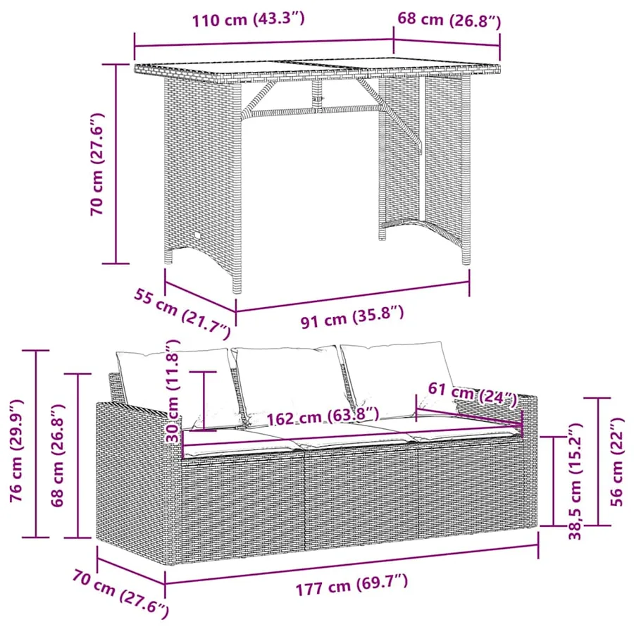 Ensemble à manger de jardin et coussins 2 pcs beige poly rotin - 11