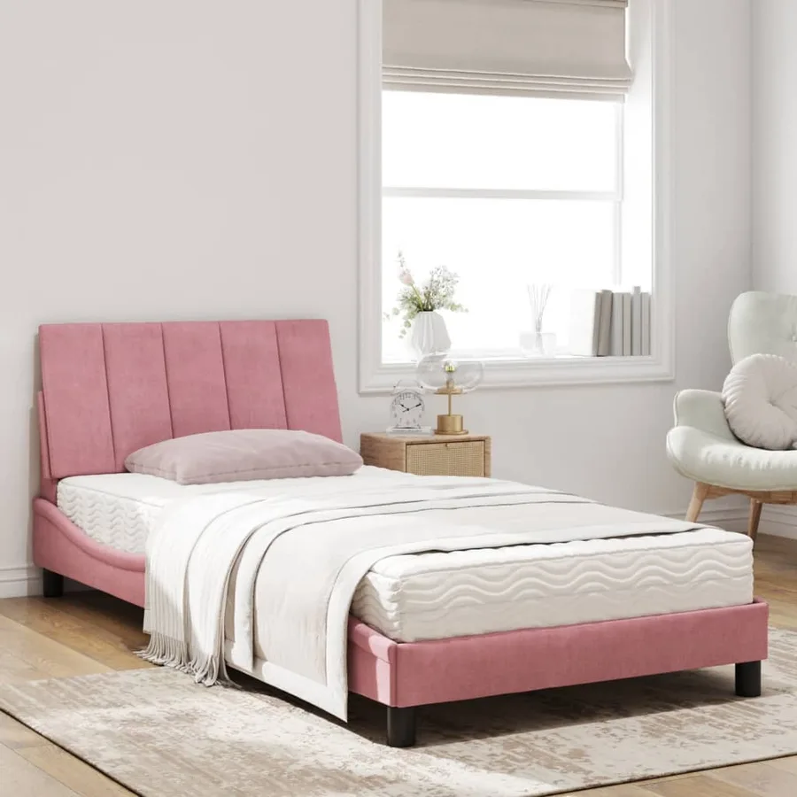 Lit avec matelas Hanko rose 100x200 cm velours - 3