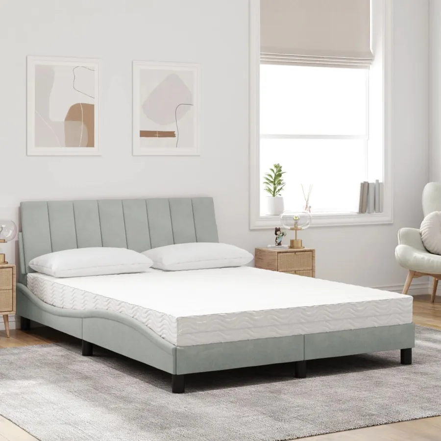 Lit avec matelas Hanko gris clair 140x200 cm velours - 3