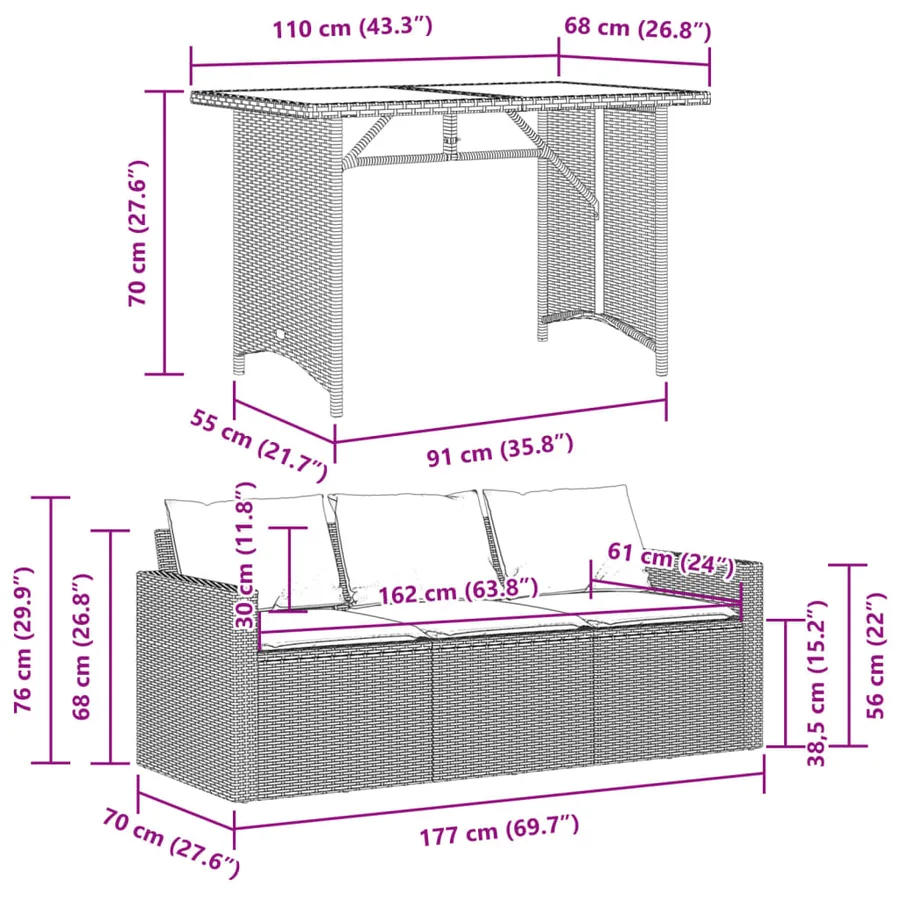 Ensemble à manger de jardin et coussins 2 pcs gris rotin - 11