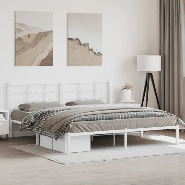 Cadre de lit métal sans matelas et tête de lit blanc 193x203 cm