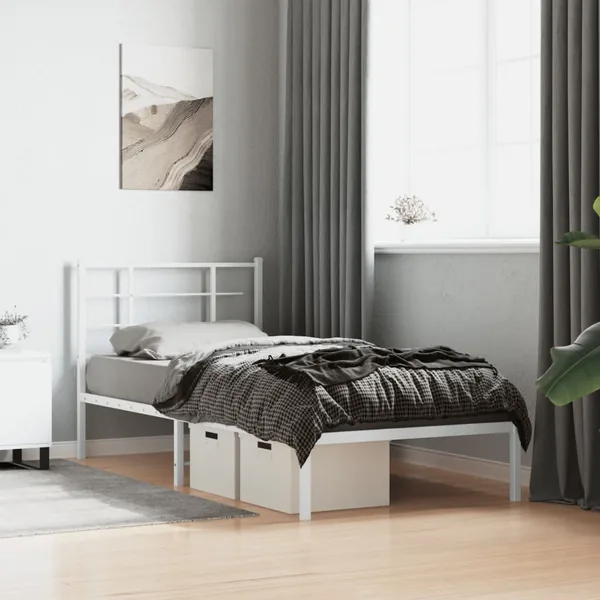 Cadre de lit métal sans matelas avec tête de lit blanc 90x190cm