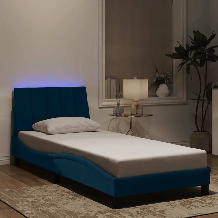 Cadre de lit avec LED sans matelas Hanko bleu 90x200 cm velours