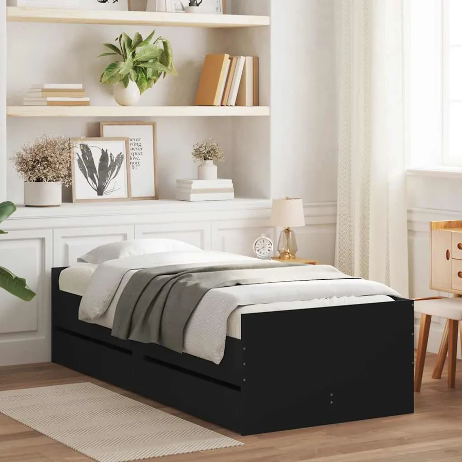 Cadre de lit avec tiroirs sans matelas noir 90x190 cm