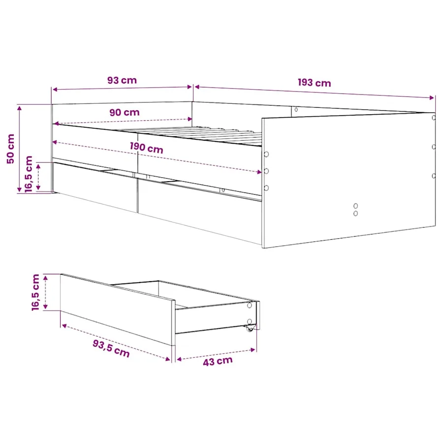 Cadre de lit avec tiroirs sans matelas gris béton 90x190 cm - 11