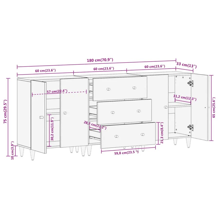 Armoires latérales 3 pcs 60x33x75 cm bois massif de manguier - 12