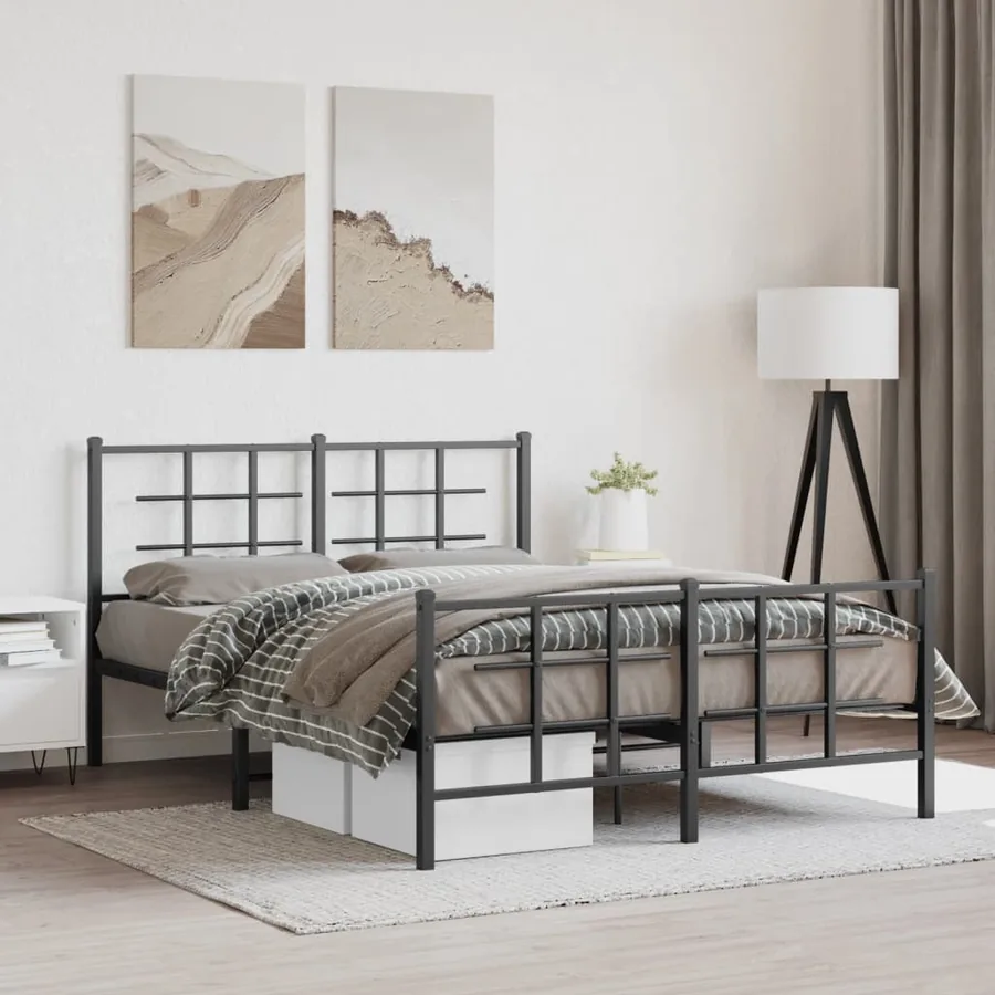 Cadre de lit métal sans matelas avec pied de lit noir 135x190cm