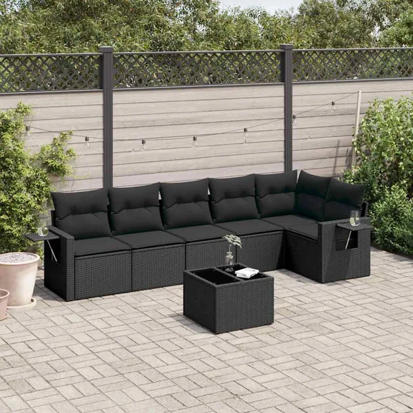 Salon de jardin 7 pcs avec coussins noir résine tressée 55 x 62 x 69 cm - 60,8 kg
