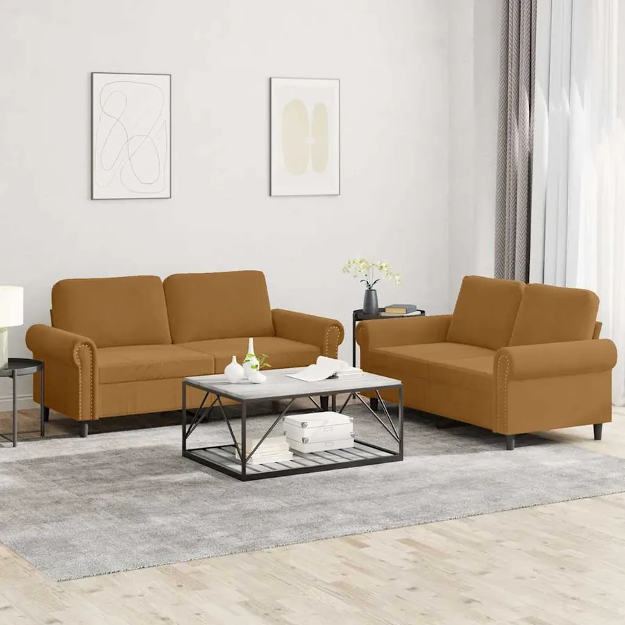 Ensemble de canapés 2 pcs avec coussins Marron Velours