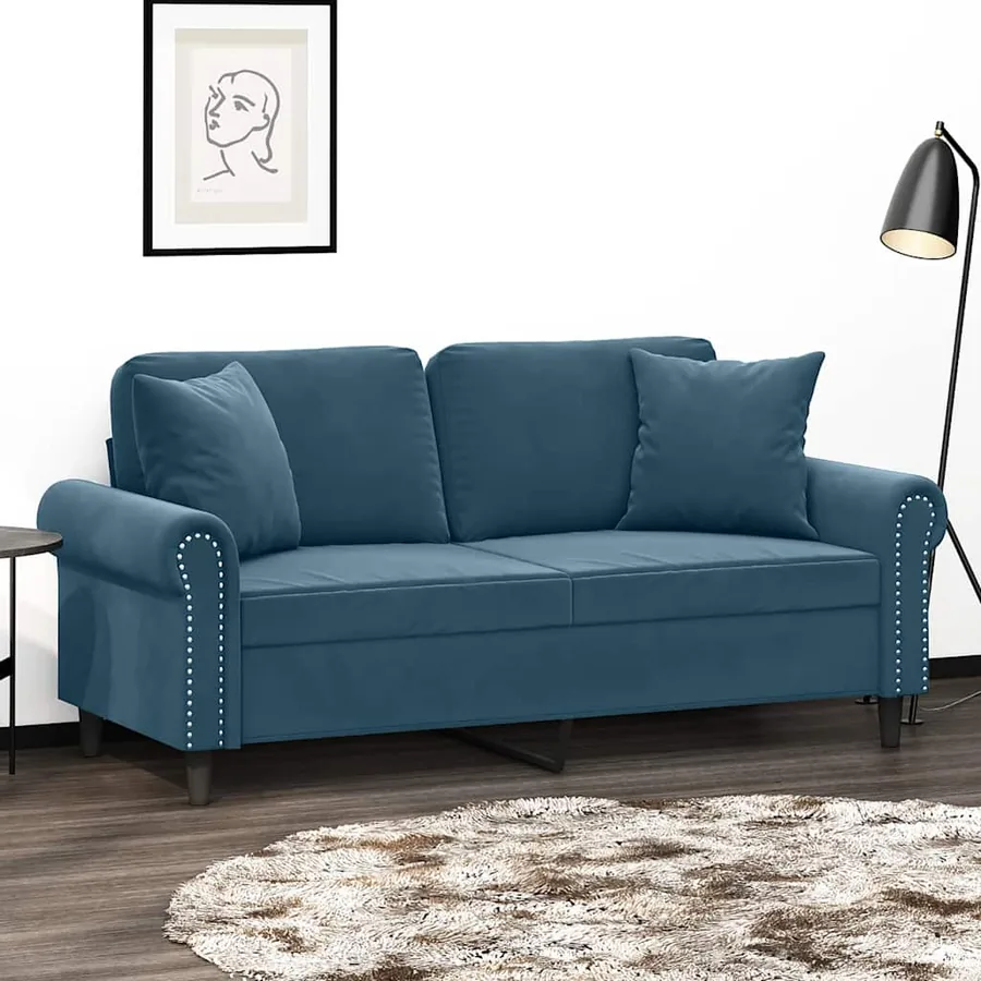 Canapé 2 places avec oreillers décoratifs bleu 140 cm velours