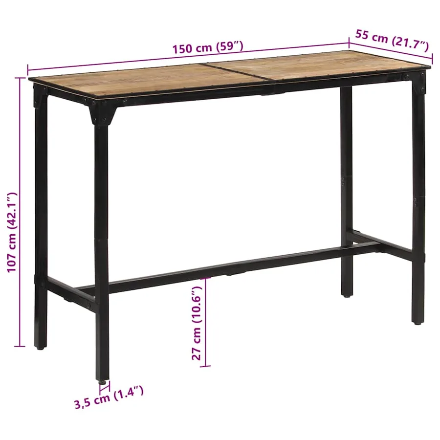 Table de bar 150x55x107 cm bois de manguier massif brut - 11
